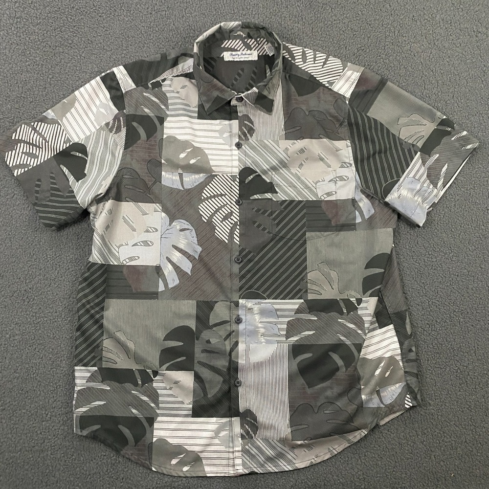 Tommy Bahama Bahama Coast Shirt Mens L Hawaiian Patchwork Palm Print Performance
